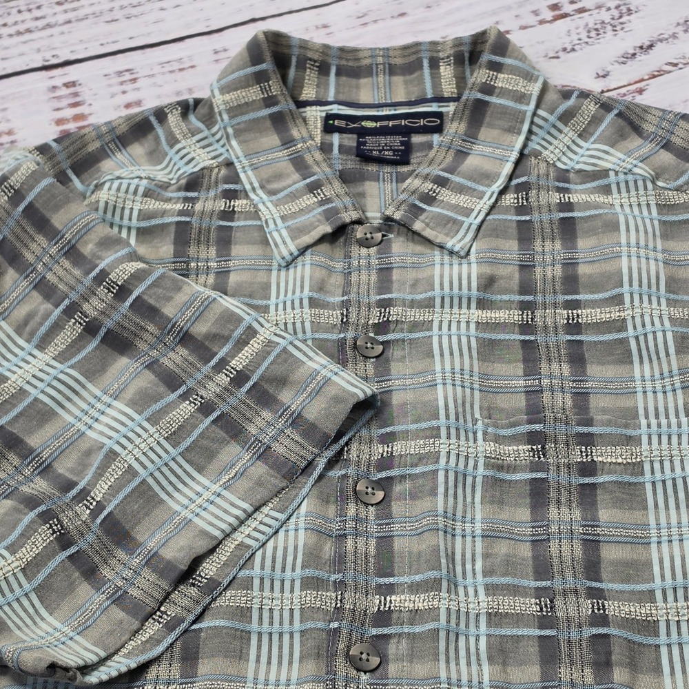 ExOfficio Button Up Shirt Mens XL Grey Blue Excellent Plaid Short Sleeve Linen